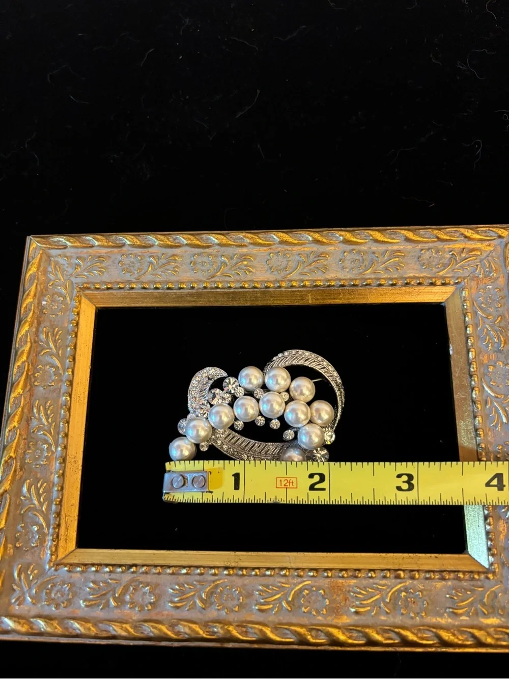 Vintage Silver Tone Faux Pearl & Rhinestone Brooch